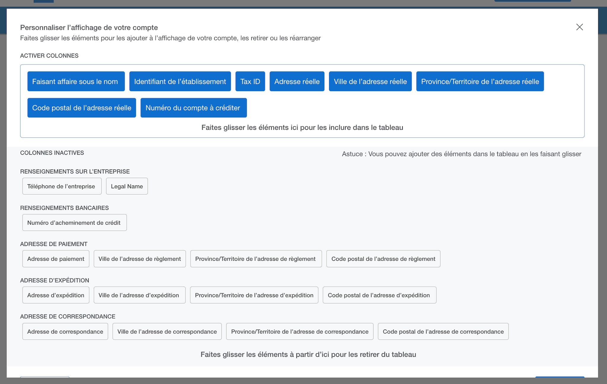 Screenshot of column customization options
