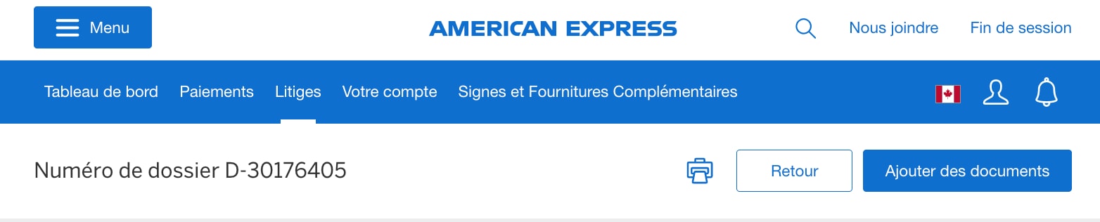 Screenshot of case-level options to print, go back, or respond to the dispute