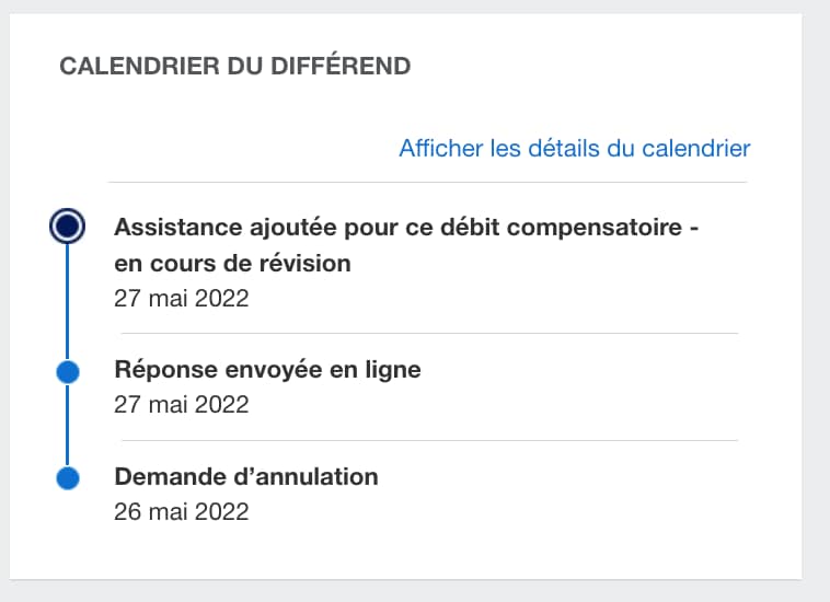Screenshot of dispute timeline details