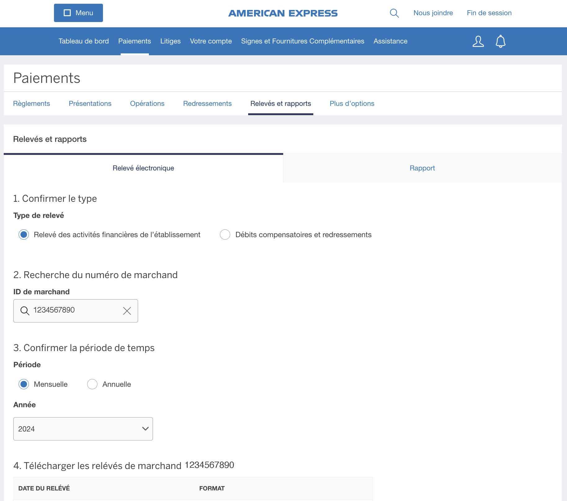 Screenshot of options for downloading E-Statements