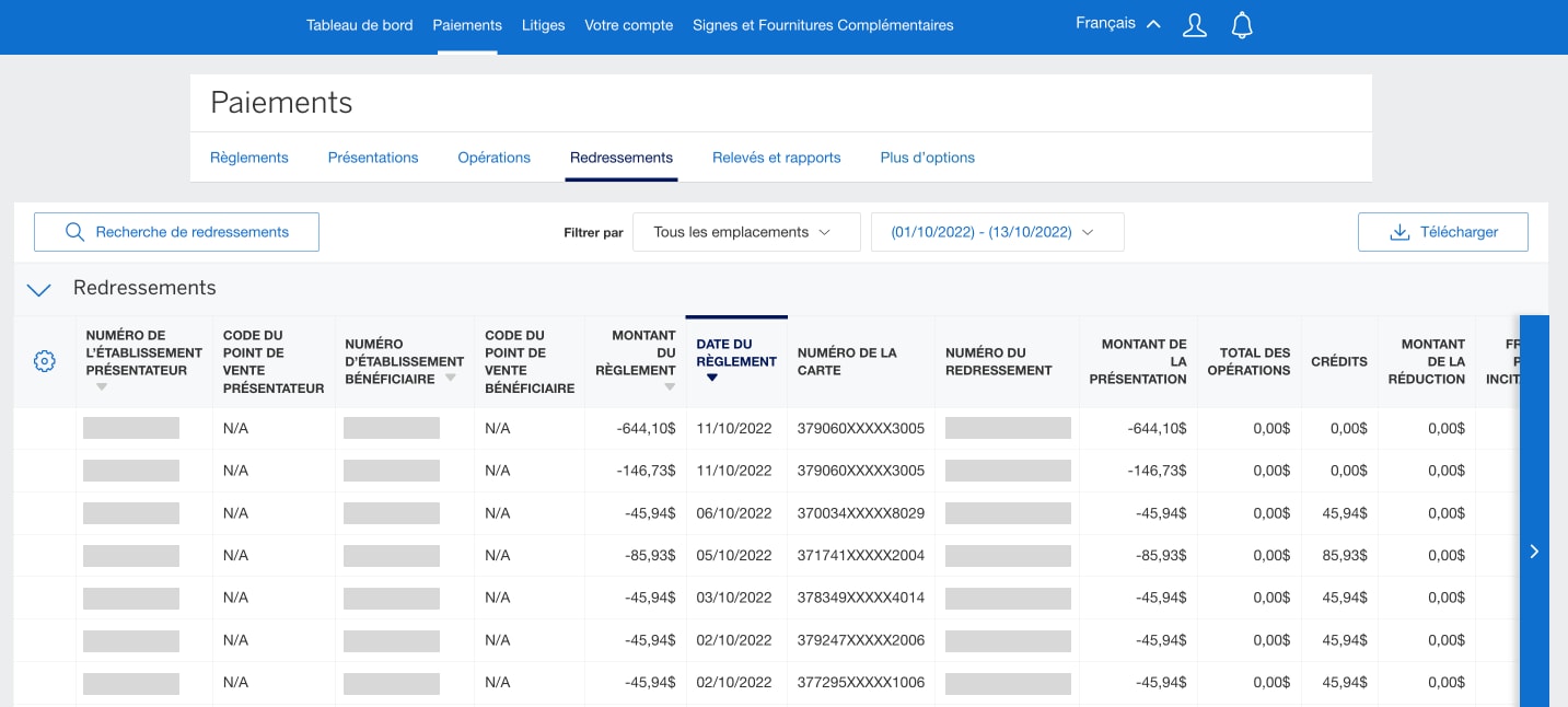Screenshot of adjustments and chargeback data