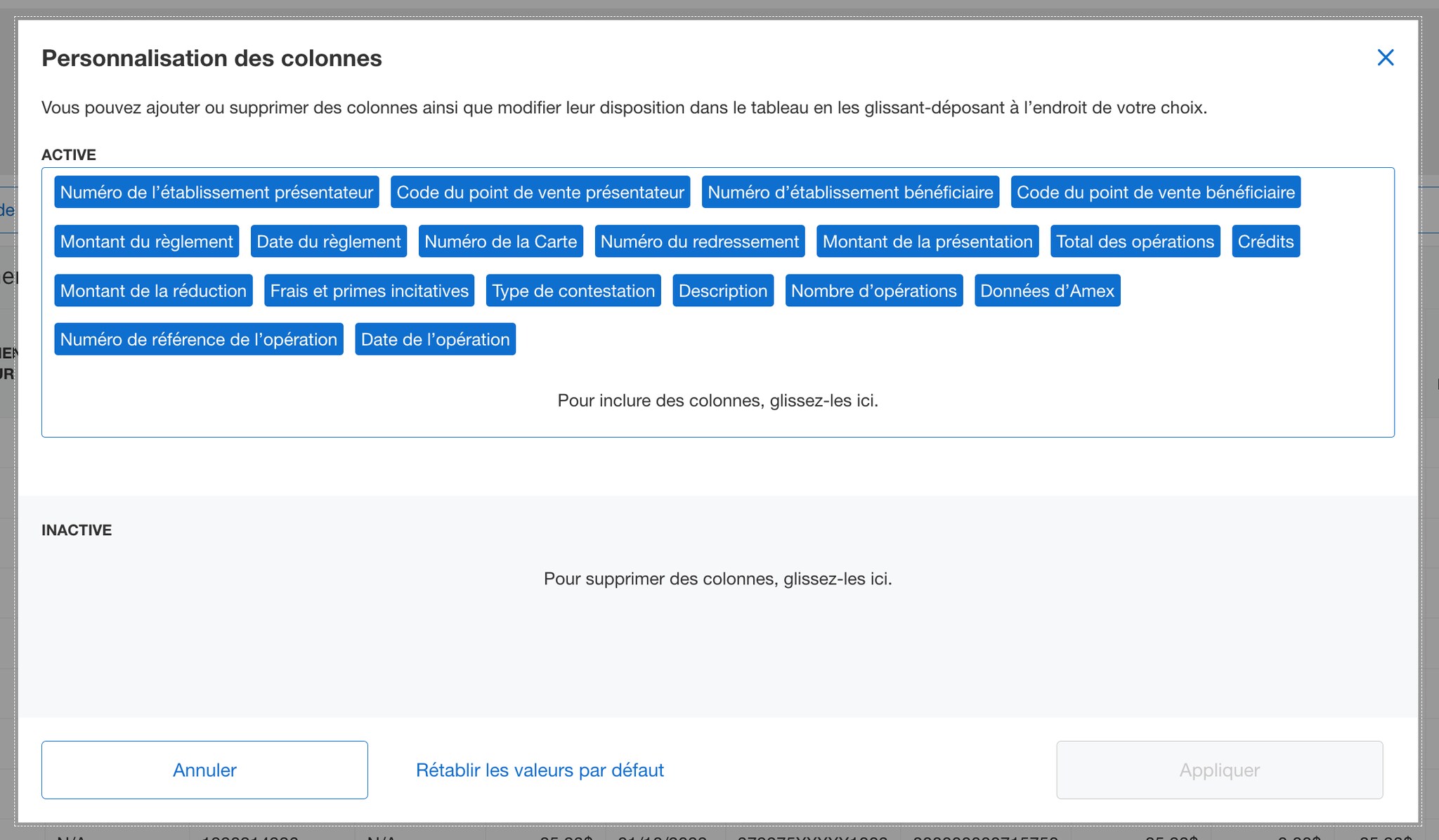 Screenshot of column customization options