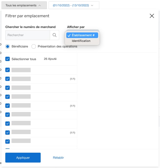 Screenshot of filtering adjustments and chargebacks by location
