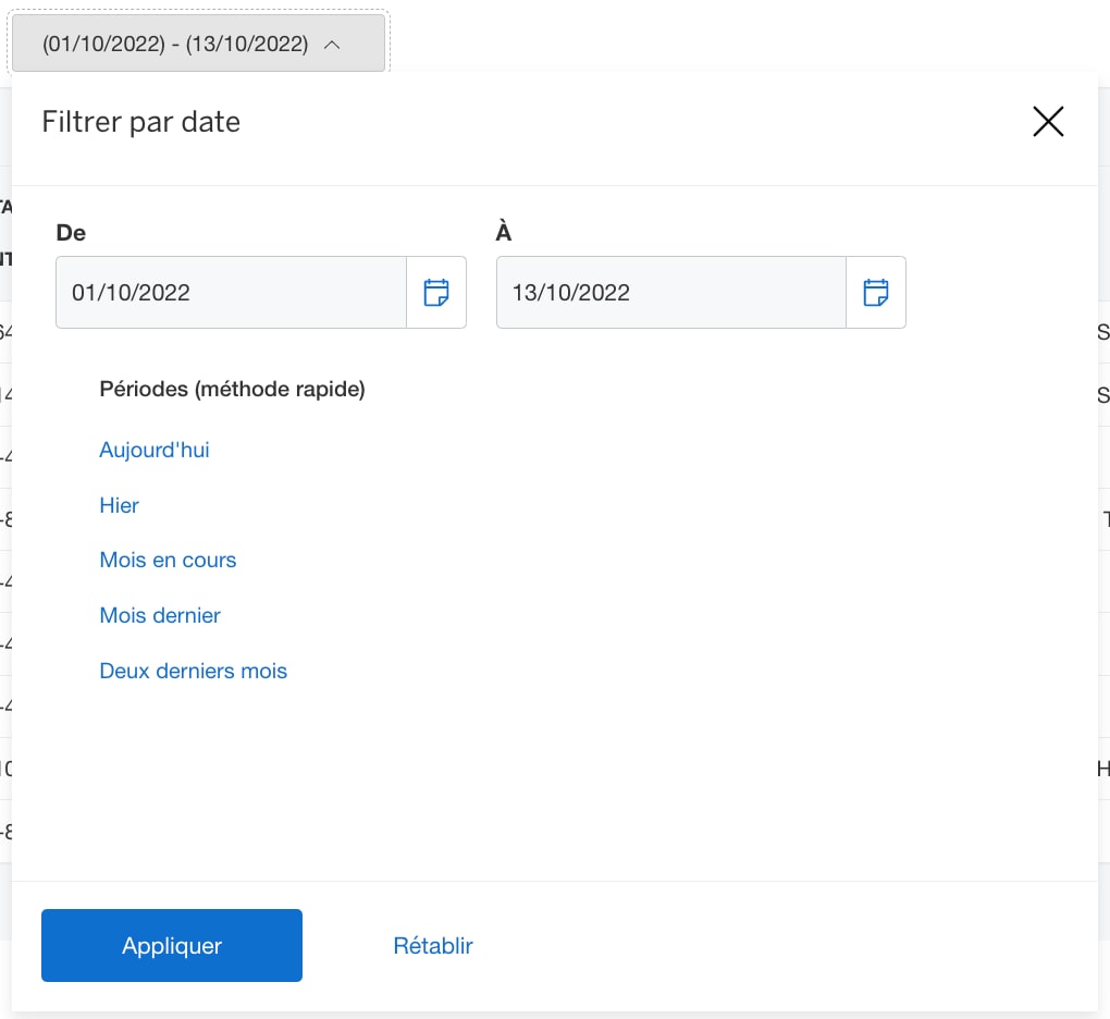 Screenshot of filtering by date