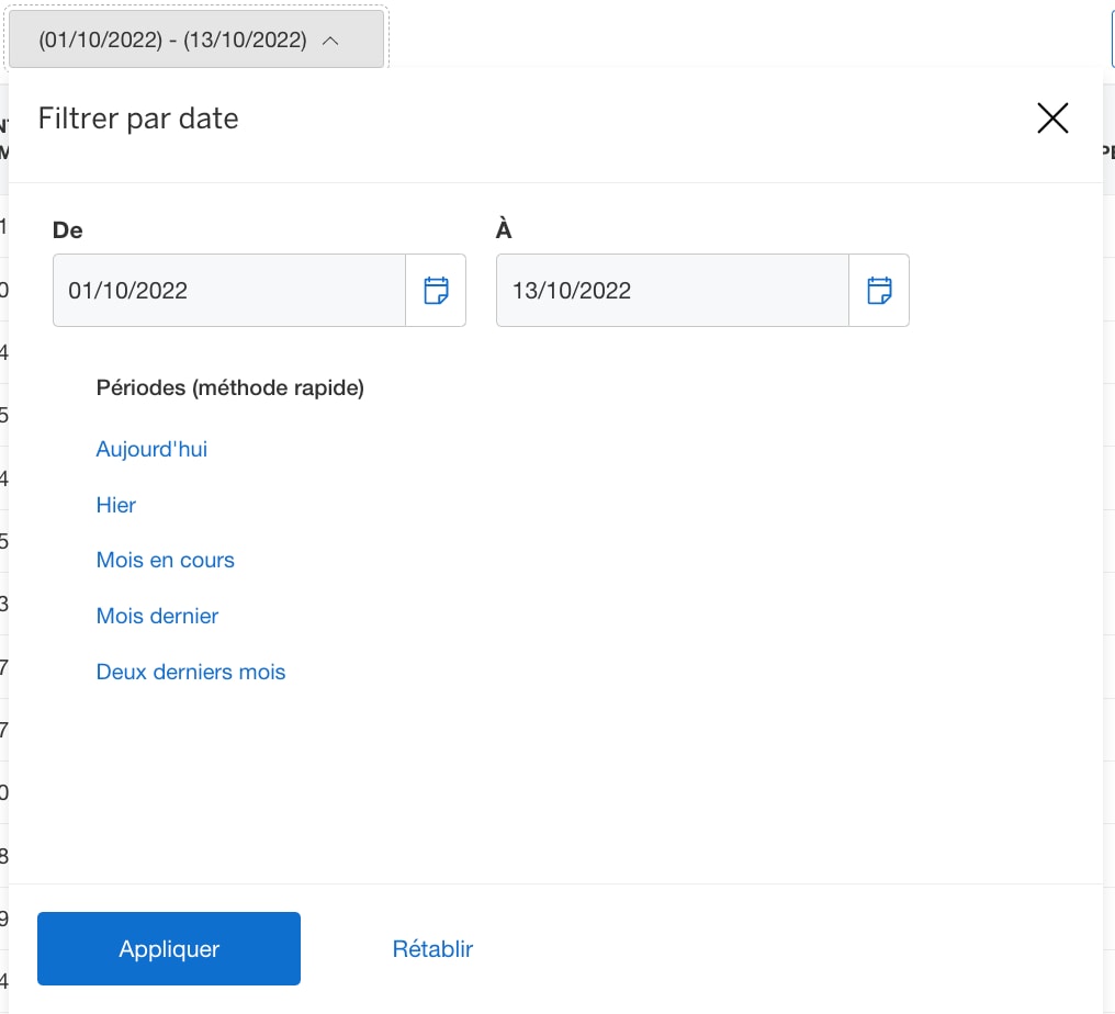 Screenshot of filtering by date