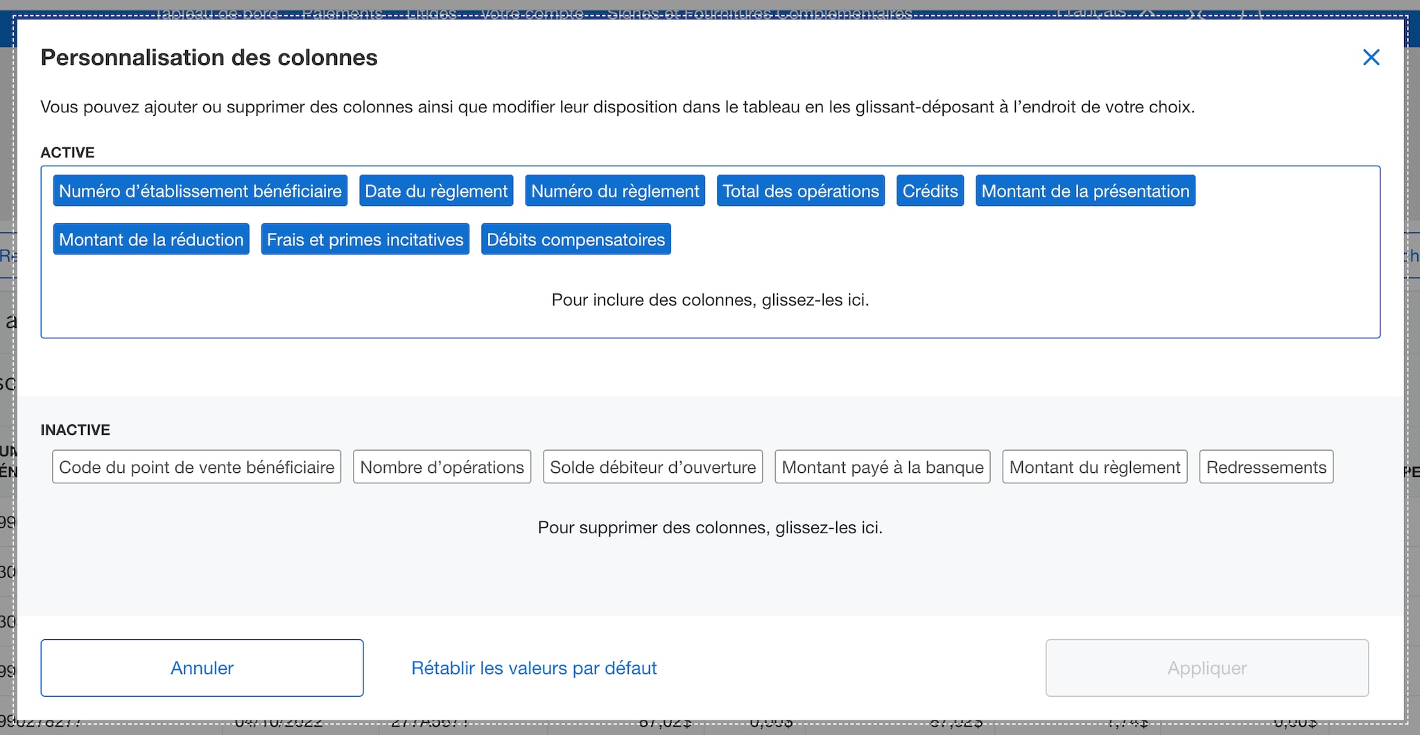 Screenshot of column customization options
