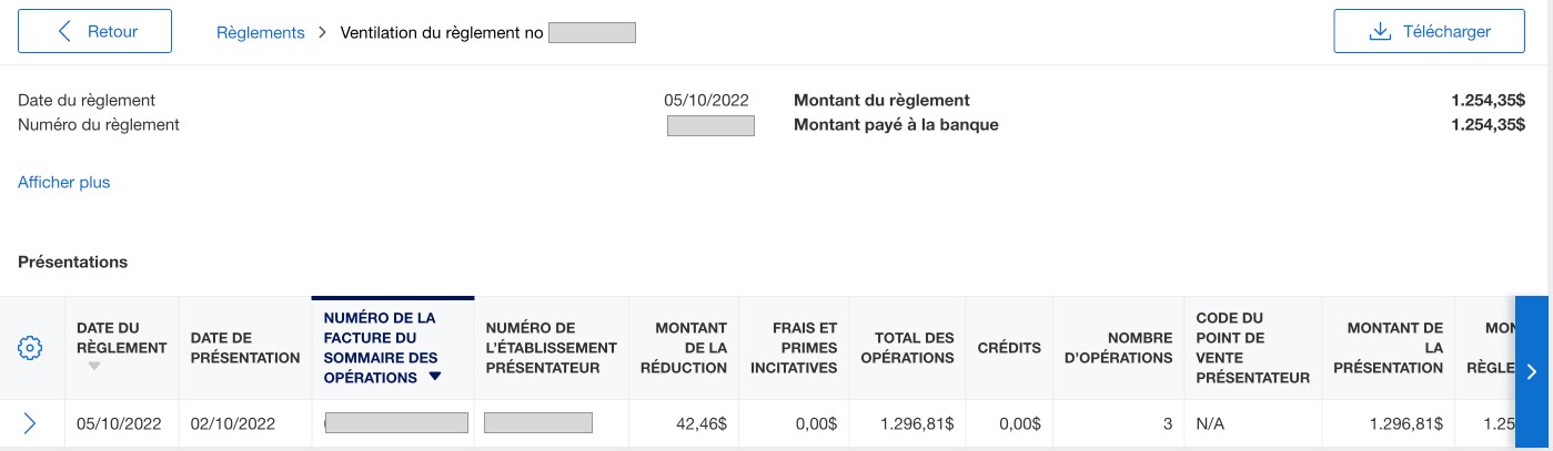 Screenshot of the breakdown of a settlement