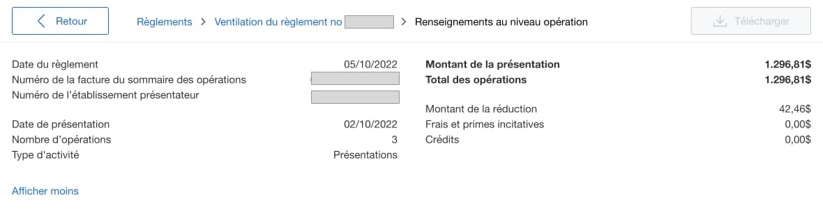 Screenshot of transaction level details of a settlements