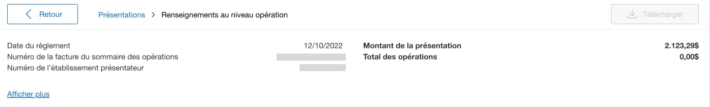Screenshot of transaction level details of a submission