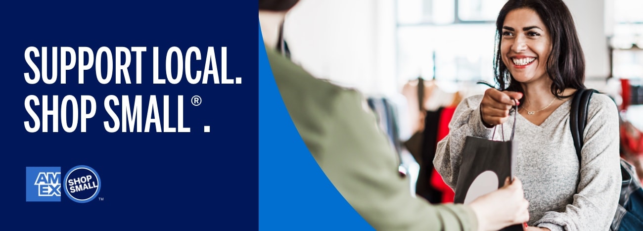 Support Local. Shop Small. Customer with a shopping bag.