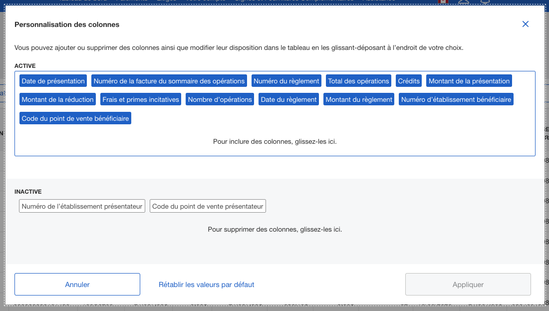 Screenshot of column customization options