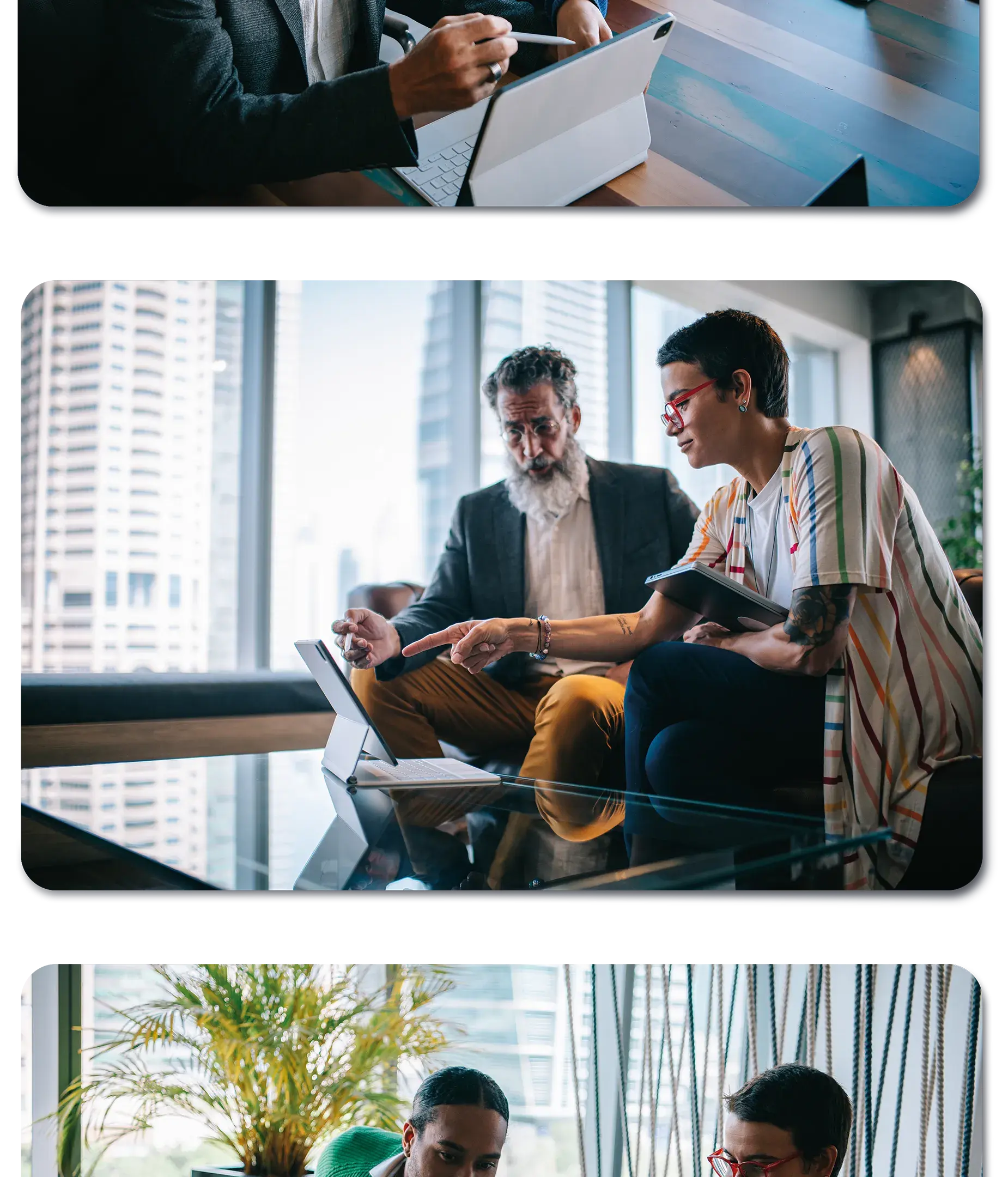 business man drinking coffee and business woman taking picture of receipt