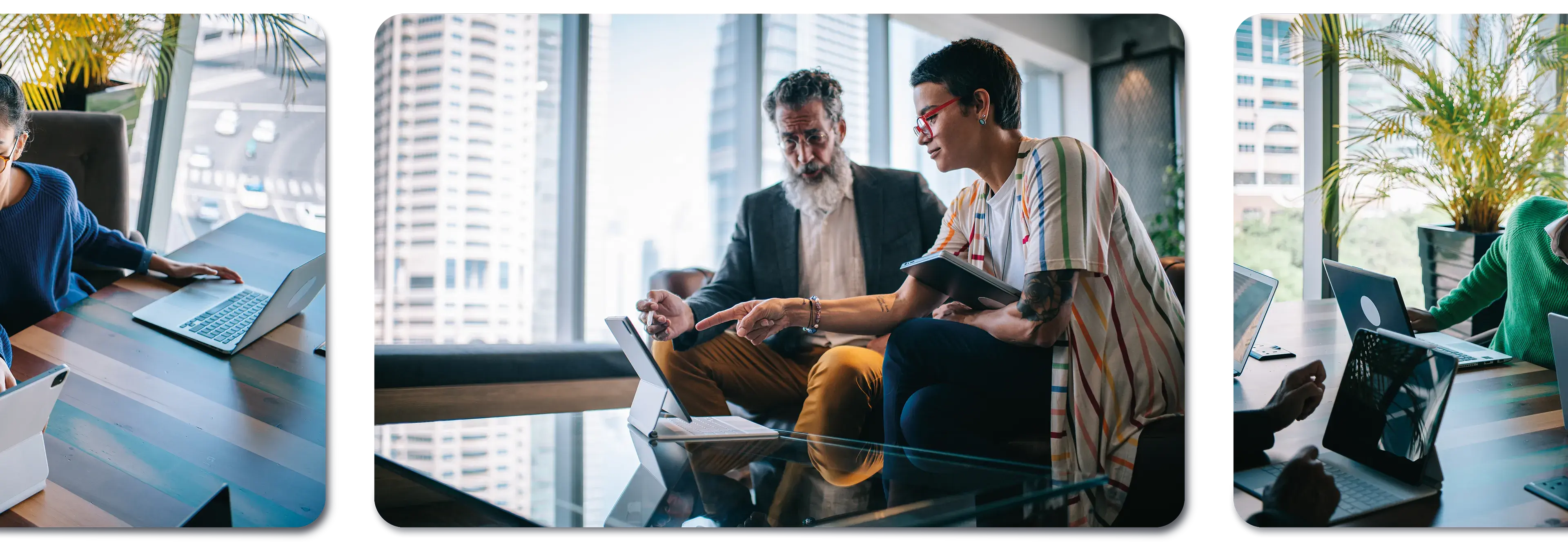 business man drinking coffee and business woman taking picture of receipt