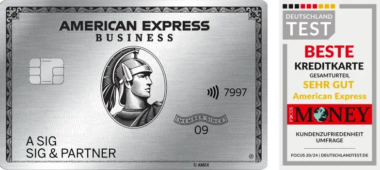 American Express Business Platinum Card aus Metall und das Focus Money Siegel „Beste Kreditkarte – Sehr gut” für American Express