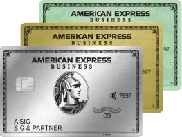 American Express Business Cards: Business Platinum Card, Business Gold Card und Business Card in grün – verschiedene Kartenvarianten für Unternehmen.
