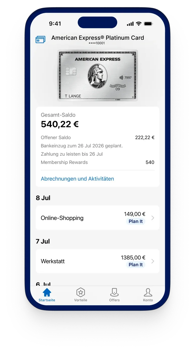  Amex App zeigt Kartenübersicht mit Transaktionsliste, eine Transaktion mit "Plan It’" markiert.