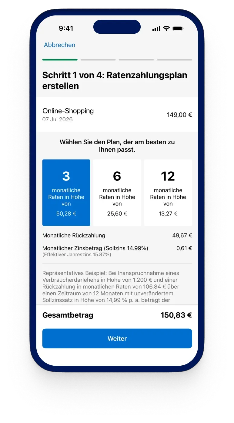 Amex App: Auswahl zwischen 3, 6 oder 12 Monatsraten für einen Ratenzahlungsplan.