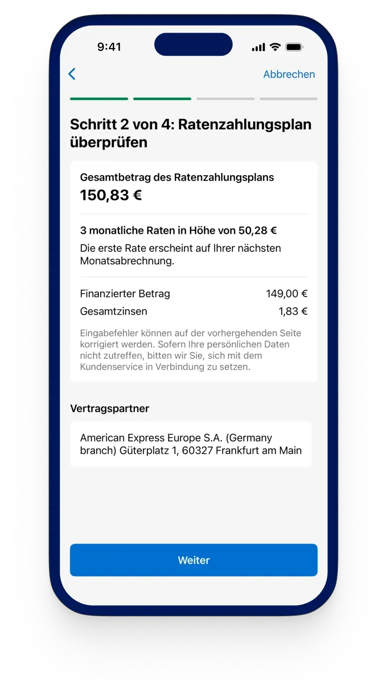 Amex App: Übersicht des Ratenzahlungsplans mit Gesamtbetrag, Zinsen und Vertragspartner.