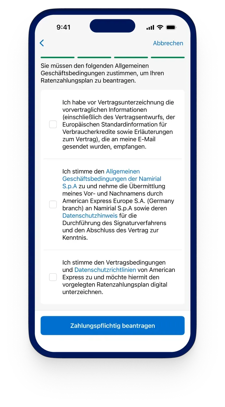Amex App: Zustimmung zu Geschäftsbedingungen vor Beantragung des Ratenzahlungsplans.