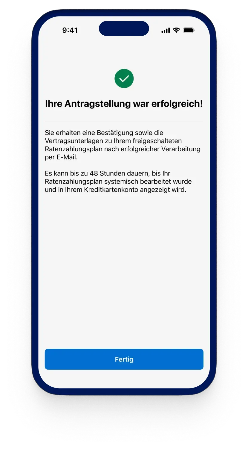 Amex App zeigt Kartenübersicht mit Hinweis auf aktiven Ratenzahlungsplan.