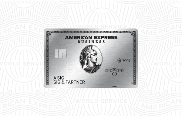 American Express Business Platinum Hauptkarte aus Metall, abgebildet auf weißem Hintergrund mit feiner Musterstruktur.
