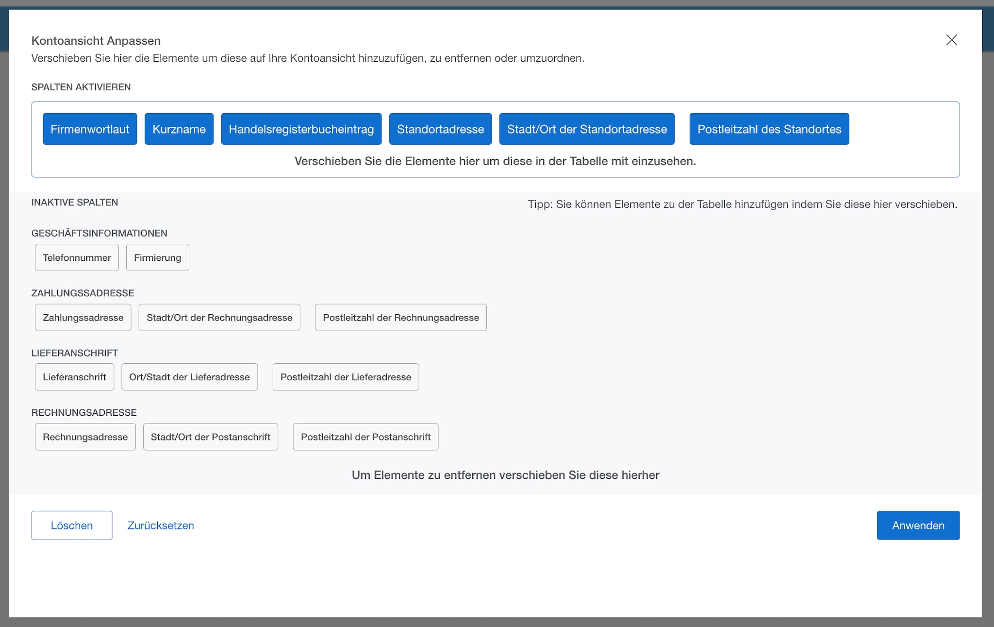 Screenshot of column customization options