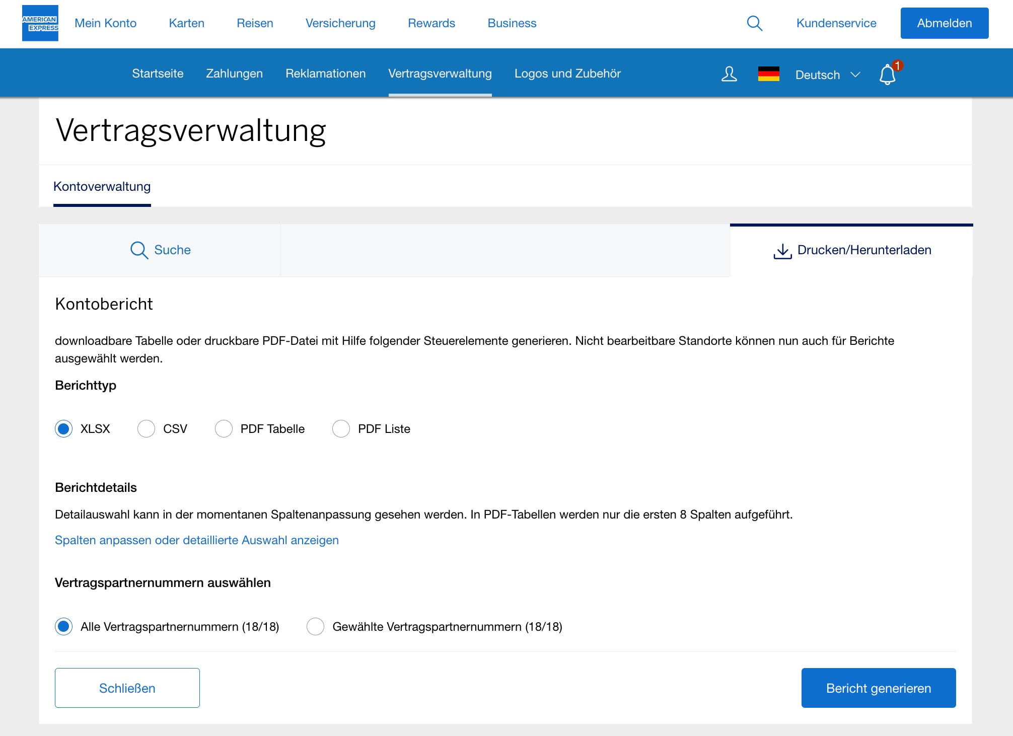 Screenshot of option to print or download account reports