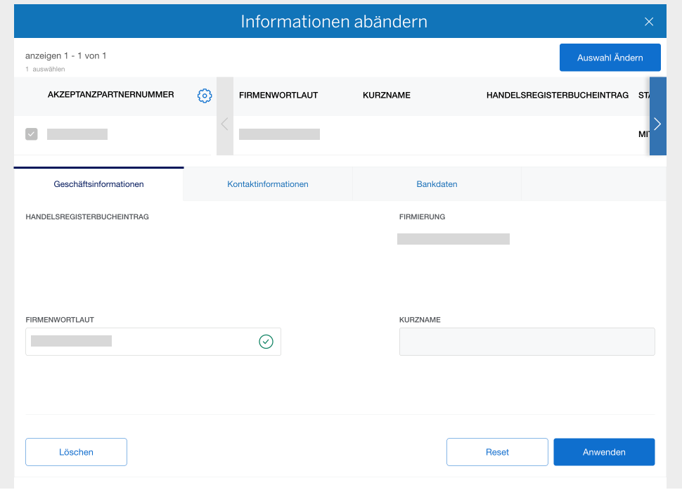 Screenshot of editing Business Information
