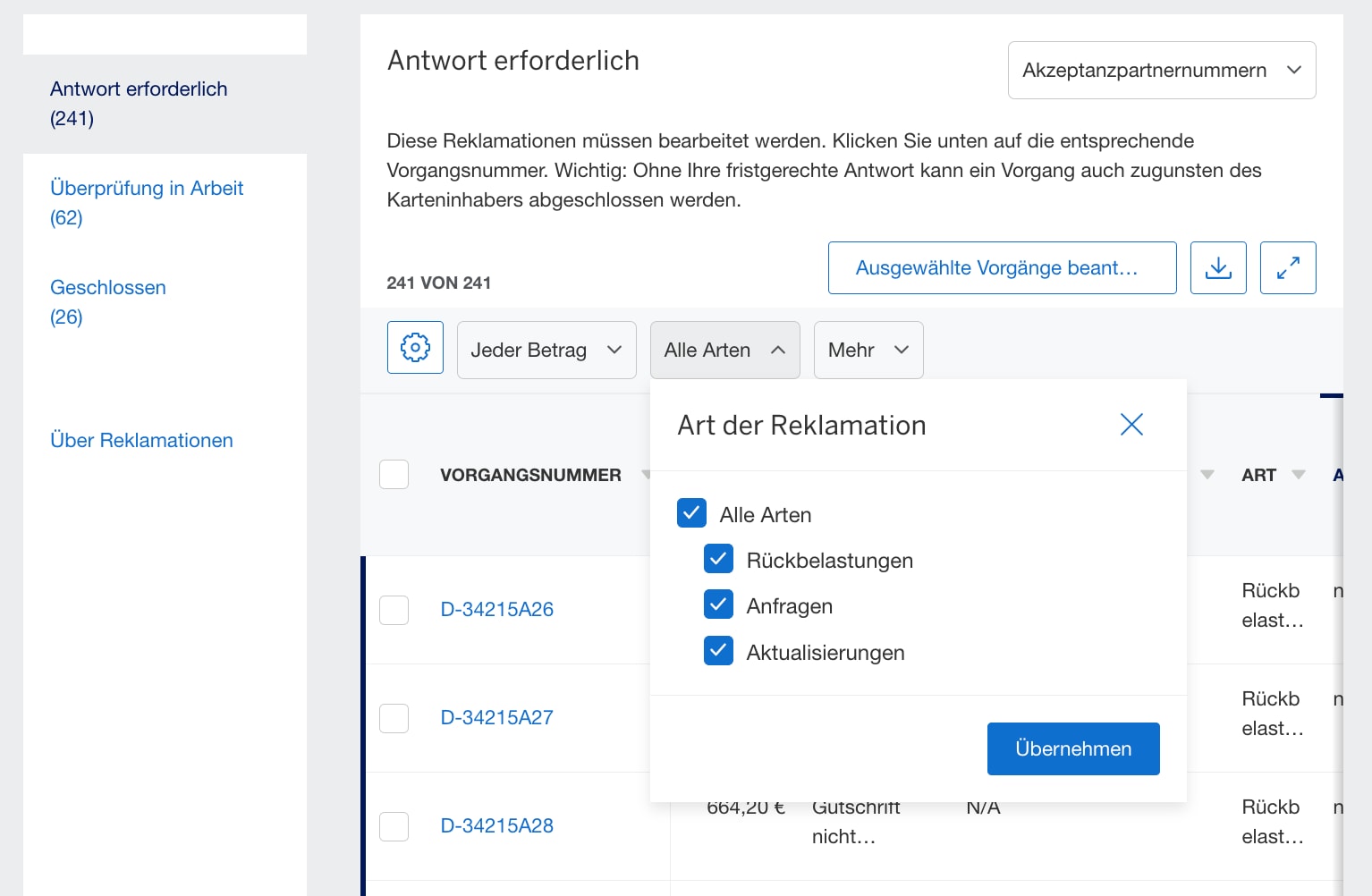 Screenshot of filtering by type of Dispute