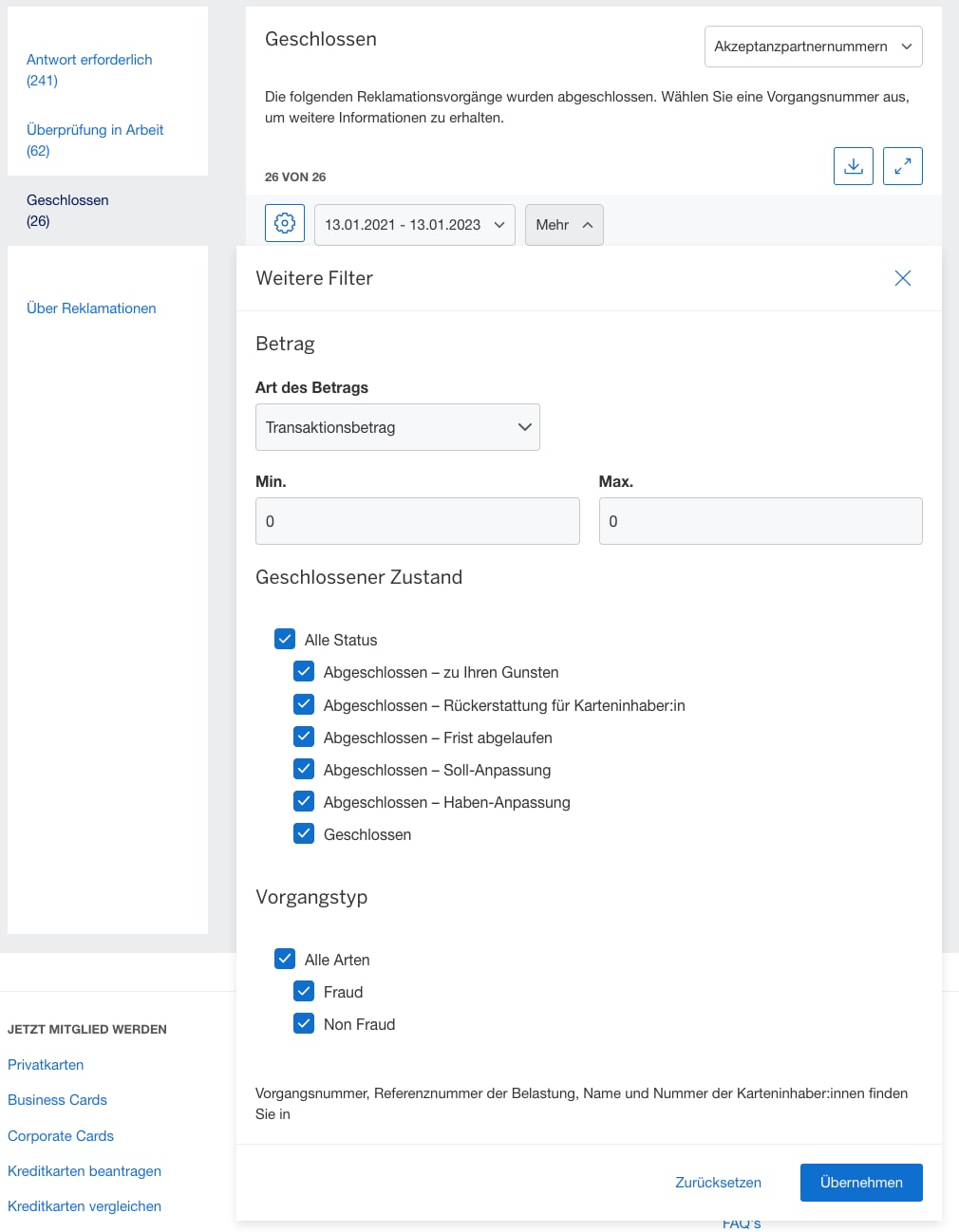Screenshot of filtering closed disputes by status