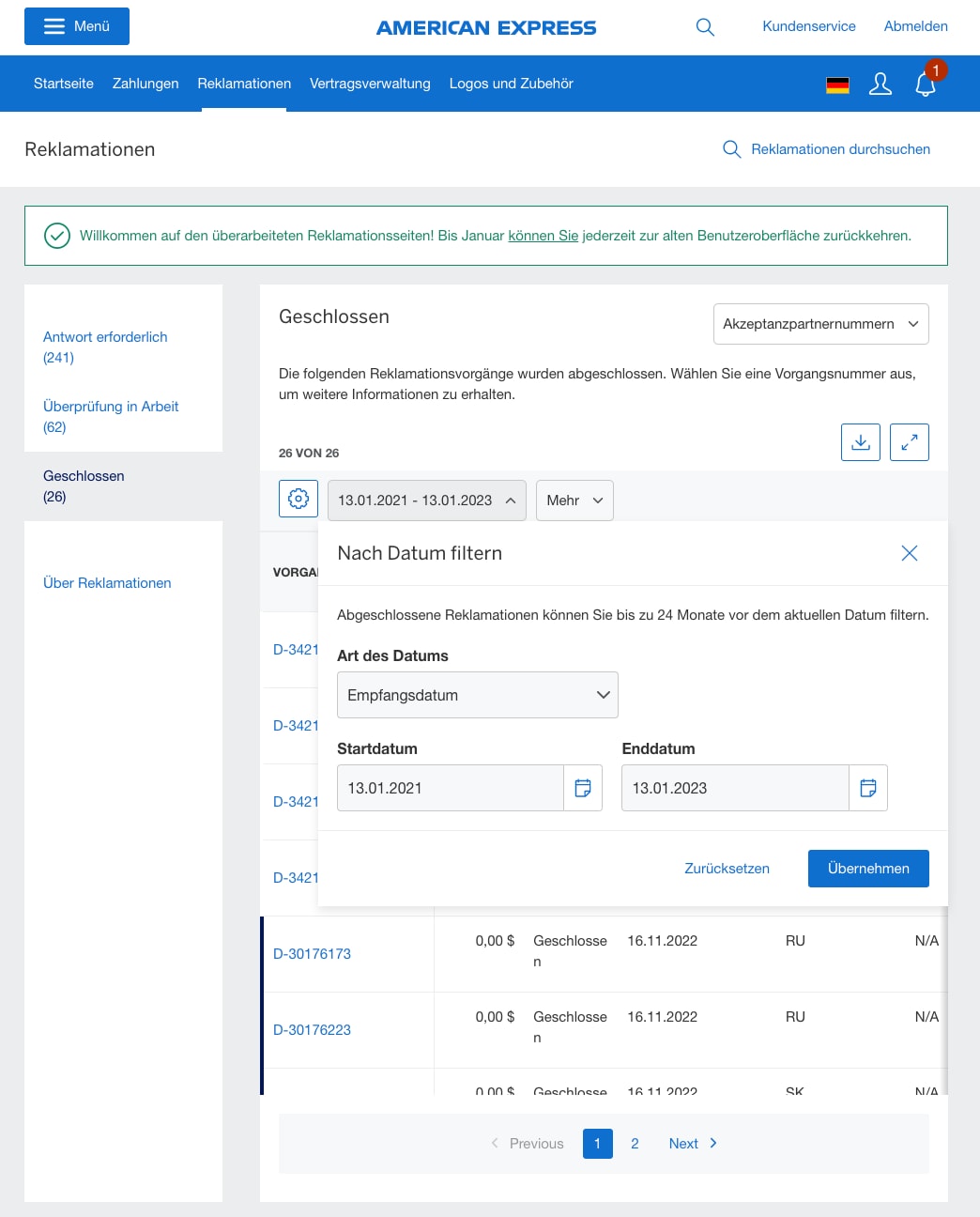 Screenshot of filtering dispute by the closed date