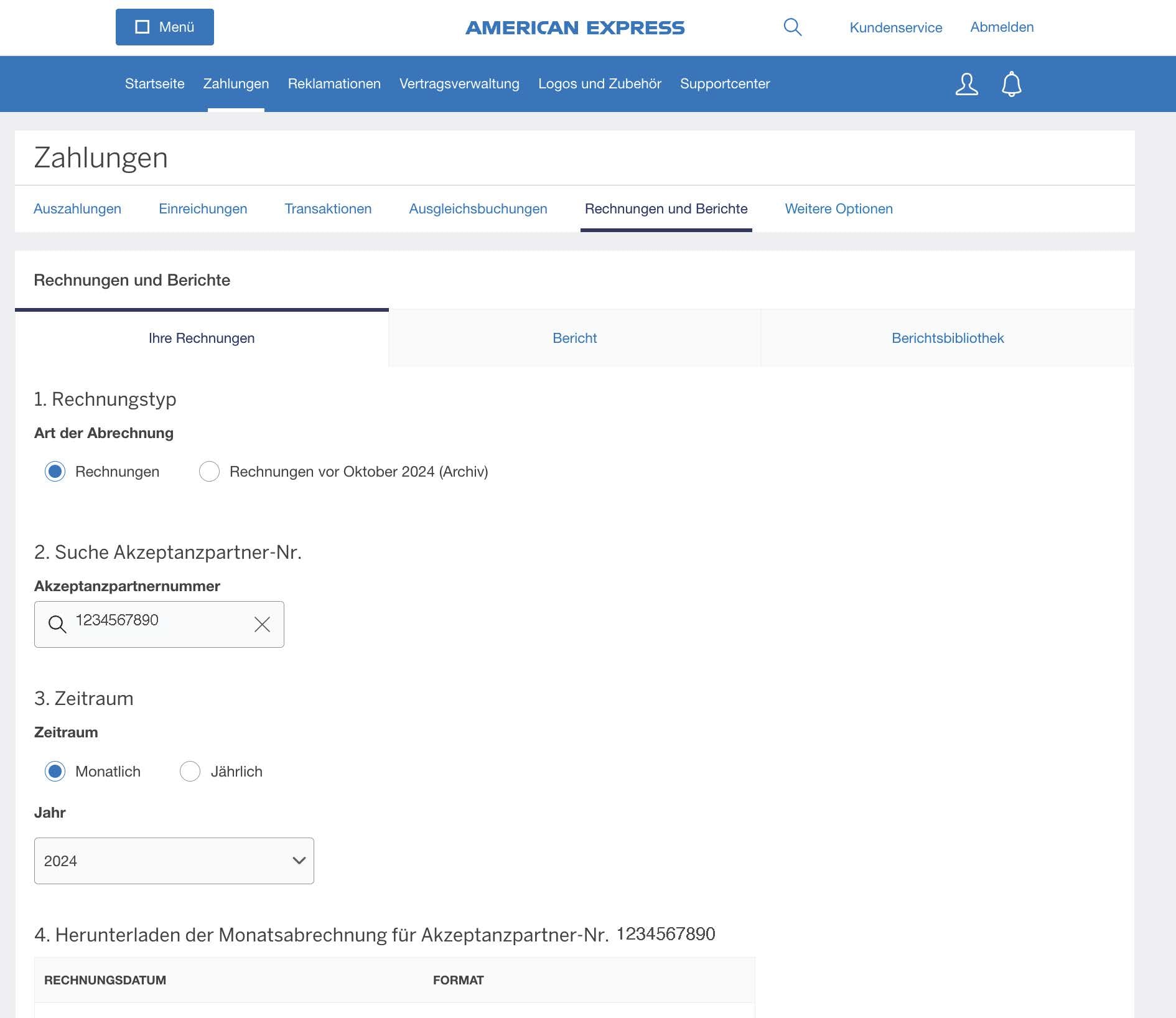 Screenshot of options for downloading E-Statements