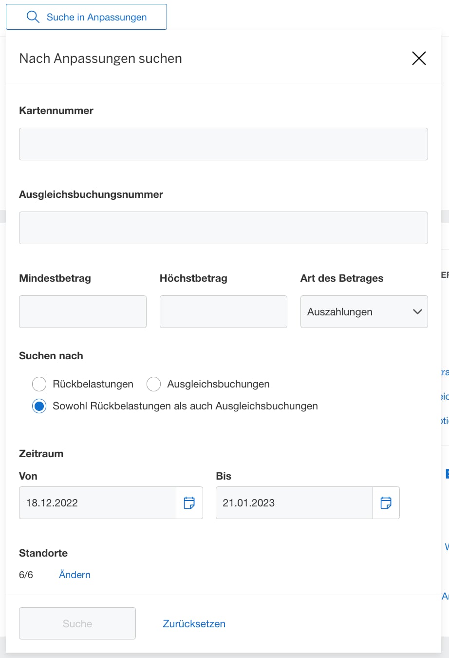 Screenshot of search options