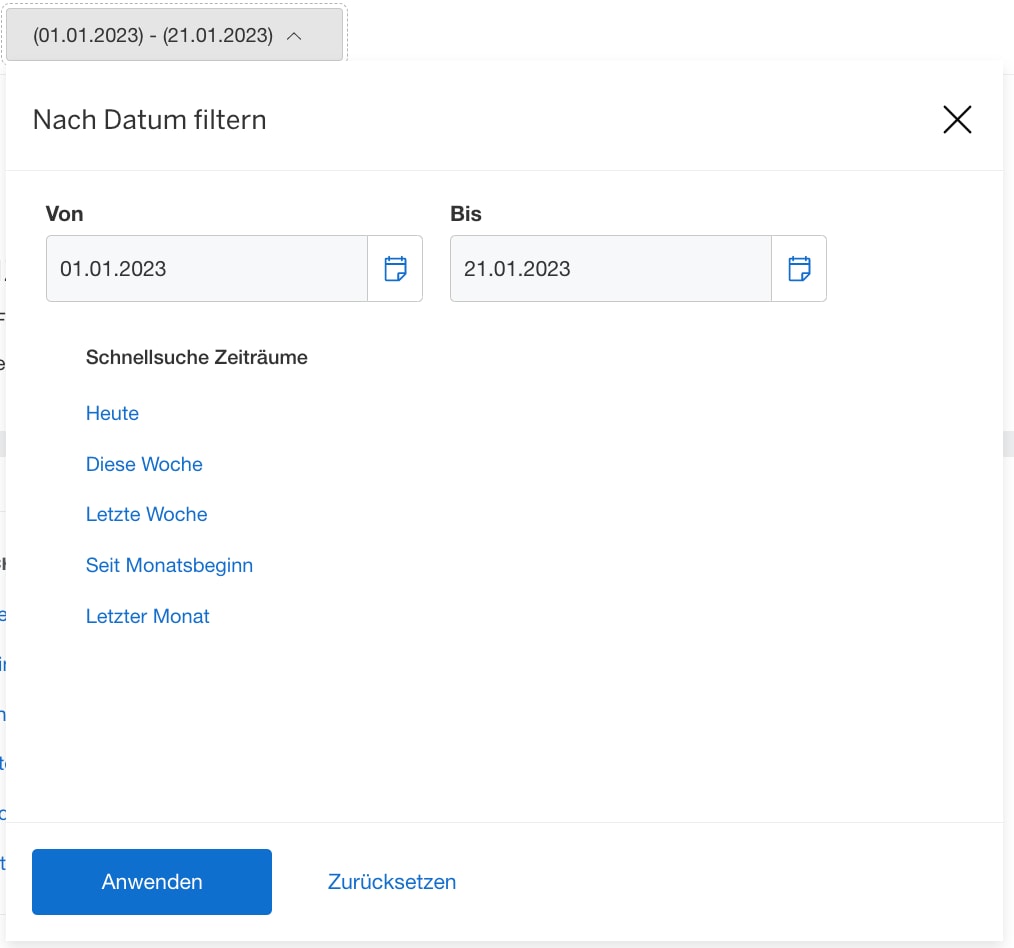 Screenshot of filtering by date
