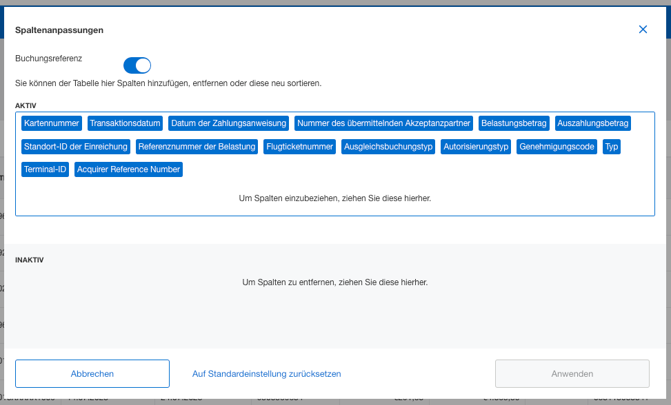 Screenshot of column customization options