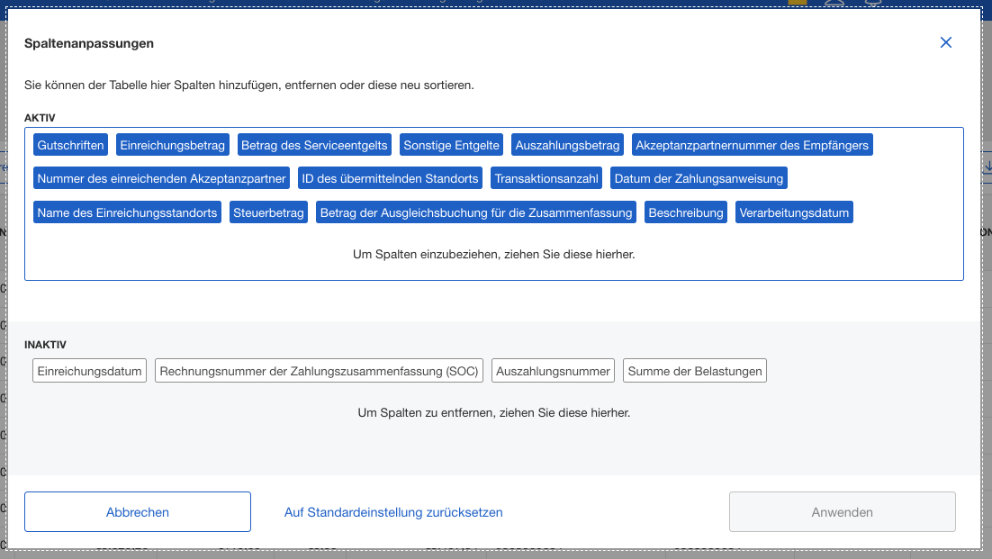 Screenshot of column customization options