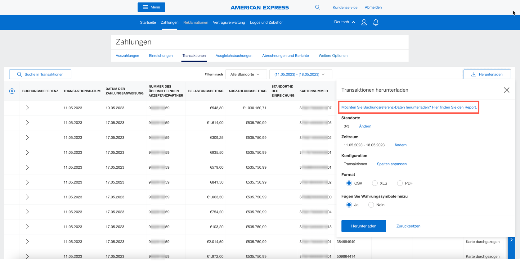 Screenshot of downloading booking reference data from Transactions tab