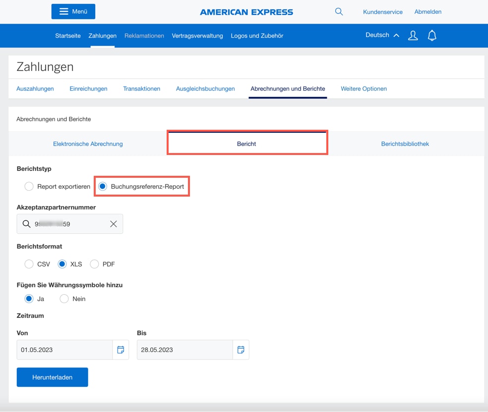 Screenshot of downloading booking reference data from Reports tab