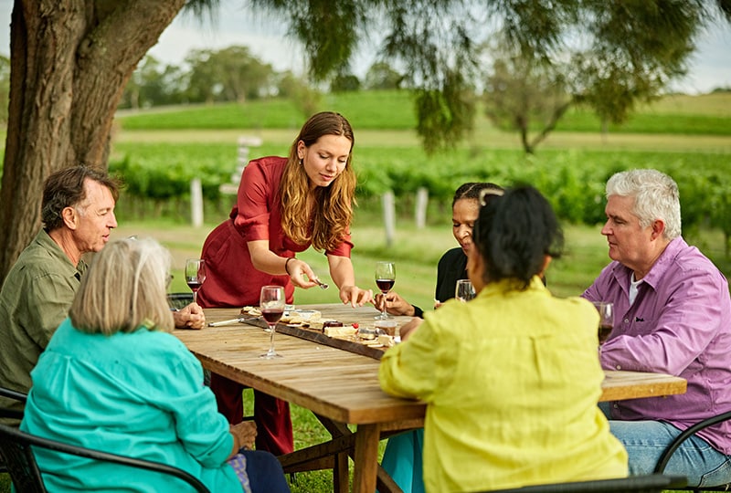 Group enjoying wine and shared platters at a vineyard in South Australia.
