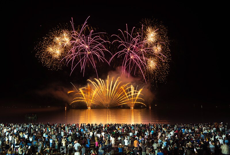 Crowd gathered by the beach watching vibrant fireworks reflecting over the water at night.
