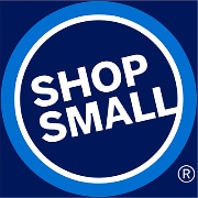 Shop Small graphic in white and blue circular design.