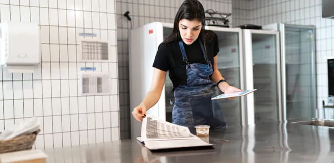 woman wearing an apron prepares for work in an industrial kitchen