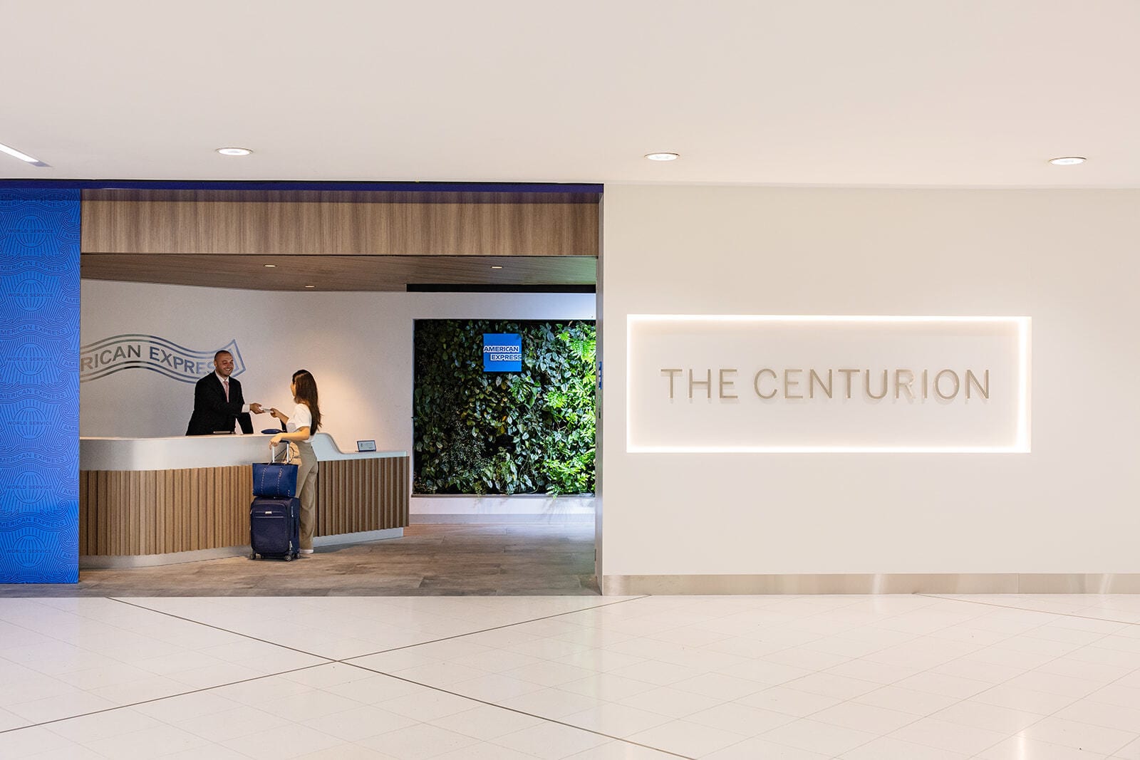 American Express Centurion Lounge interior, Sydney International Airport — reception area and lounge entry