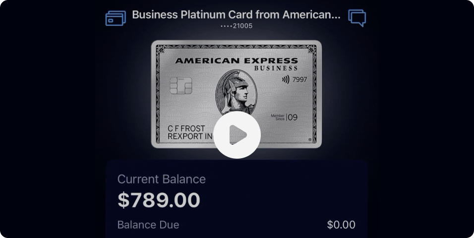 Card on black background showing card balance. Click to play video.