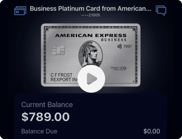 Card on black background showing card balance. Click to play video.