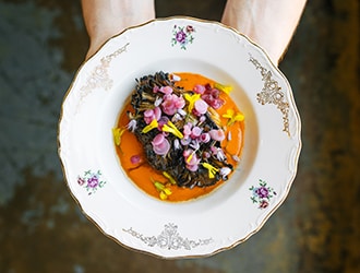Delicately plated crudo on a bed of gazpacho