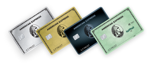 Lineup of four different American Express Cards.