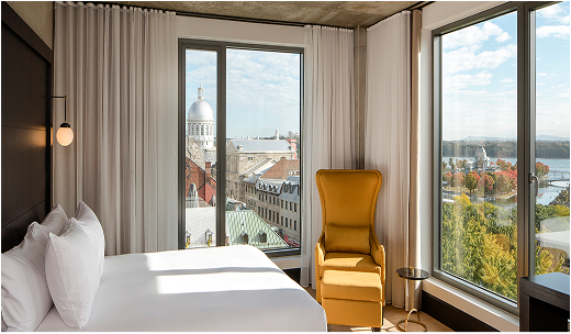 View of skyline from an elegant hotel room.