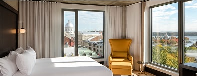 View of skyline from an elegant hotel room.