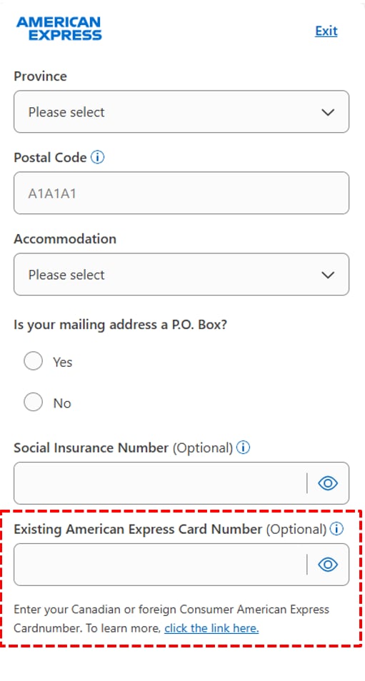 Amex Application Existing Cardmember field